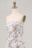 Robe de demoiselle d’honneur à volants sans bretelles à fleurs bleues