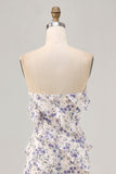 Robe de demoiselle d’honneur à volants sans bretelles à fleurs bleues