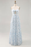 Robe d’invitée de mariée à bretelles spaghetti florales imprimées bleues