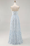 Robe d’invitée de mariée à bretelles spaghetti florales imprimées bleues