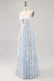 Robe d’invitée de mariée à bretelles spaghetti florales imprimées bleues