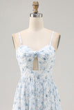 Robe d’invitée de mariée à bretelles spaghetti florales imprimées bleues