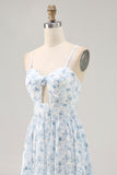 Robe d’invitée de mariée à bretelles spaghetti florales imprimées bleues