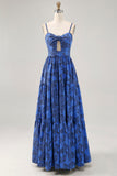 Floral A Ligne Bleu Spaghetti Bretelles Découpé Robe D’invitée De Mariage