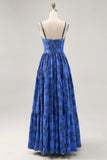 Floral A Ligne Bleu Spaghetti Bretelles Découpé Robe D’invitée De Mariage