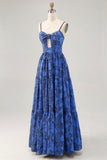 Floral A Ligne Bleu Spaghetti Bretelles Découpé Robe D’invitée De Mariage