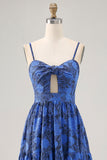 Floral A Ligne Bleu Spaghetti Bretelles Découpé Robe D’invitée De Mariage