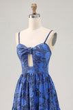 Floral A Ligne Bleu Spaghetti Bretelles Découpé Robe D’invitée De Mariage