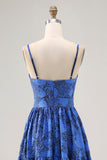 Floral A Ligne Bleu Spaghetti Bretelles Découpé Robe D’invitée De Mariage