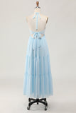 Robe longue d’invitée de mariée dos nu bleu ciel