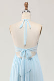 Robe longue d’invitée de mariée dos nu bleu ciel