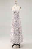 Floral Ruché Une Ligne Bleu Dos Nu Longue Robe D’invité De Mariage
