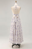 Floral Ruché Une Ligne Bleu Dos Nu Longue Robe D’invité De Mariage