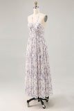 Floral Ruché Une Ligne Bleu Dos Nu Longue Robe D’invité De Mariage