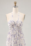 Floral Ruché Une Ligne Bleu Dos Nu Longue Robe D’invité De Mariage
