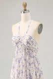 Floral Ruché Une Ligne Bleu Dos Nu Longue Robe D’invité De Mariage