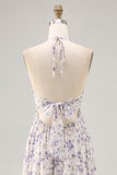 Floral Ruché Une Ligne Bleu Dos Nu Longue Robe D’invité De Mariage