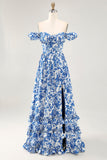 Robe d’invitée de mariage bleue imprimée à volants à épaules dénudées avec fente