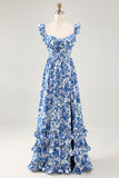 Robe d’invitée de mariage bleue imprimée à volants à épaules dénudées avec fente