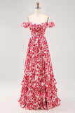 Robe d’invitée de mariage bleue imprimée à volants à épaules dénudées avec fente