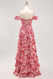Robe d’invitée de mariage bleue imprimée à volants à épaules dénudées avec fente