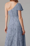 Robe de demoiselle d’honneur à une épaule A-ligne bleu poussiéreux avec fente