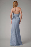 Robe de demoiselle d’honneur à bretelles spaghetti fourreau bleu poussiéreux avec fente