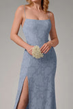 Robe de demoiselle d’honneur à bretelles spaghetti fourreau bleu poussiéreux avec fente
