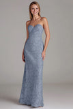 Robe de demoiselle d’honneur longue sans bretelles gaine bleu poussiéreux