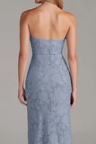 Robe de demoiselle d’honneur longue sans bretelles gaine bleu poussiéreux