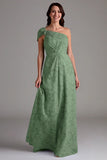 Robe de demoiselle d’honneur trapèze une épaule froncée en eucalyptus
