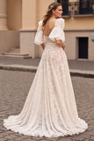 Ivoire une ligne dentelle demi-manches robe de mariée avec fente