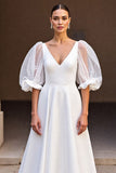 Ivoire une ligne col V satin froncé robe de mariée longue