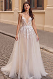 Ivoire appliqué une ligne Tulle longue robe de mariée