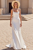 Simple Ivoire Une Ligne Col Rond Satin Robe De Mariée Longue