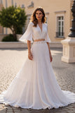 Ivoire une ligne demi-manches appliquée robe de mariée longue
