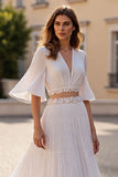 Ivoire une ligne demi-manches appliquée robe de mariée longue