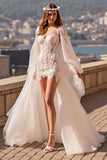 Flutter Sleeve Ivoire Moulante Dentelle Corset Robe de mariée