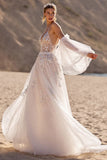 Robe de mariée longue à manches amovibles ivoire une ligne appliquée