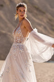 Robe de mariée longue à manches amovibles ivoire une ligne appliquée