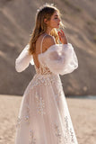 Robe de mariée longue à manches amovibles ivoire une ligne appliquée