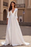 Robe de mariée longue A Line à manches 3/4 satin ivoire