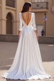 Robe de mariée longue A Line à manches 3/4 satin ivoire