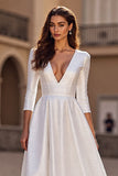 Robe de mariée longue A Line à manches 3/4 satin ivoire