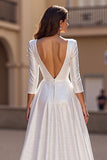 Robe de mariée longue A Line à manches 3/4 satin ivoire