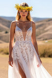 Ivoire appliqué une robe de mariée en ligne avec fente