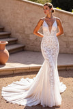 Corset sirène ivoire col V dentelle robe de mariée longue