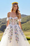 Floral Épaule Dénudée Ivoire Robe de mariée trapèze