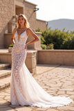 Robe de mariée longue en dentelle à col en V sirène ivoire
