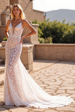Robe de mariée longue en dentelle à col en V sirène ivoire